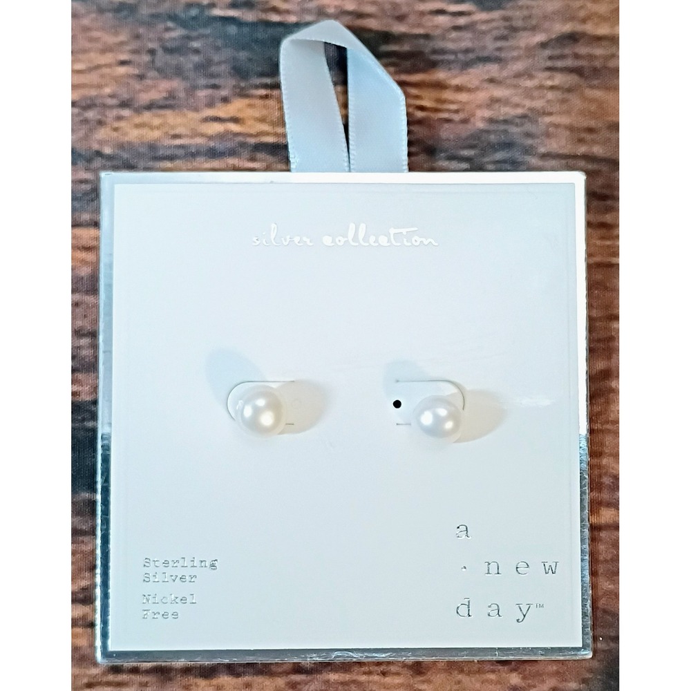 A New‎ Day Sterling Silver Pearl Stud Earrings White 8mm Nickel Free